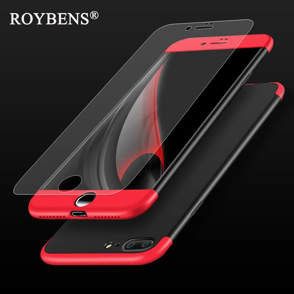 

Roybens For iPhone 6 Case For iPhone 7 6S Plus Luxury 3 in 1 Full Body Glass Screen Protector Hard PC Black Red Hybrid Cover Bag
