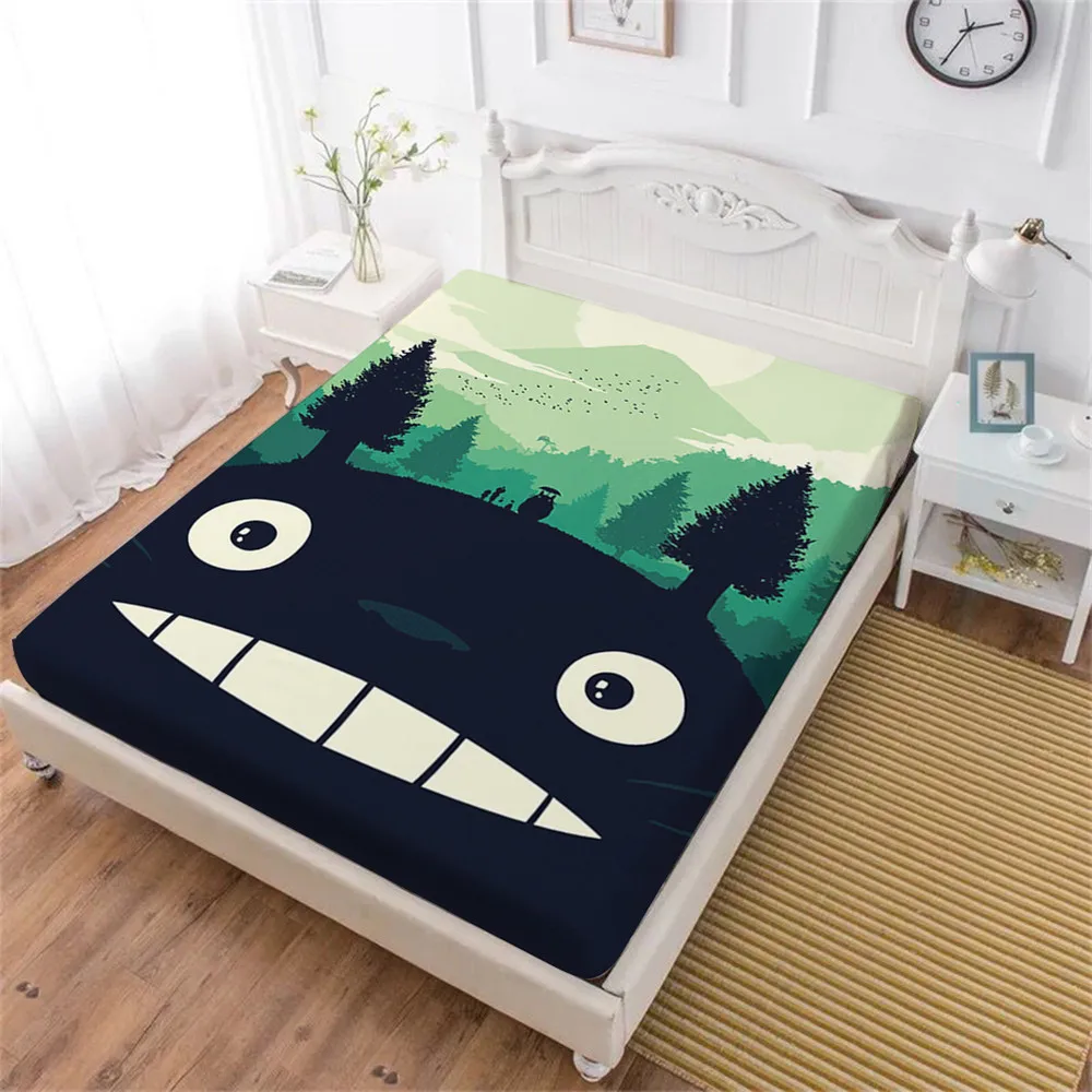 Черная мультяшная кровать totoro, простыня, зеленые деревья, лес, принт, простыня, детское постельное белье, King queen, простыни, праздничный подарок, домашний декор, D25