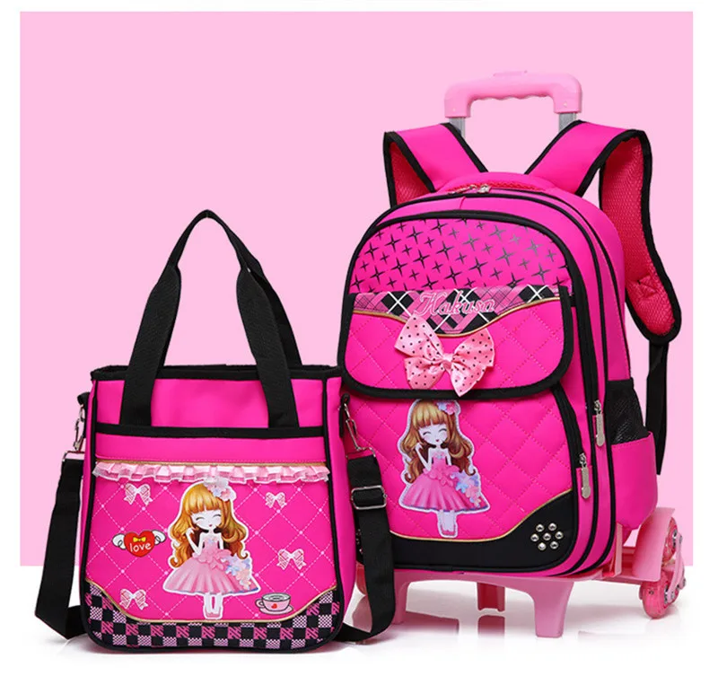 Fashion 2pcs set school backpacks 6 wheels children school bags for girls handbag waterproof cute kids travel trolley bookbag