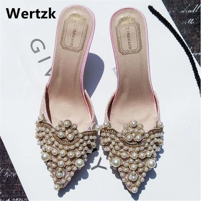 

Wertzk New Brand 2019 Summer Shoes Women Sweet Elegant Pearl Beaded High-heeled Shoes Thin Heels Pointed Toe Women Sandals W119