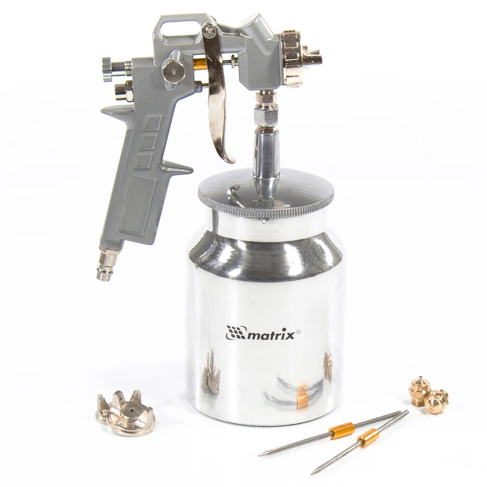 Краскораспылитель пневматический MATRIX 57316 (технология распыления High Pressure, объем бачка 1000 мл, нижнее расположение, в комплекте 3 сопла: 1,2 мм, 1,5 мм и 1,8 мм)