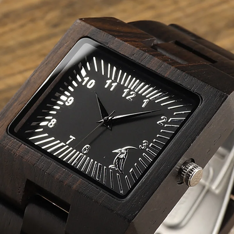 BOBO BIRD Ebony Wooden Rectangle Quartz Wrist Watch Mens Top Luxury Band with All Wooden Band in Gift Box relogio masculino
