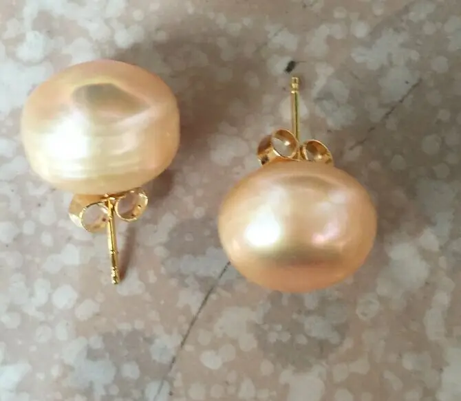

huge a pair of 9-10mm south sea gold pink pearl earring 14K/20