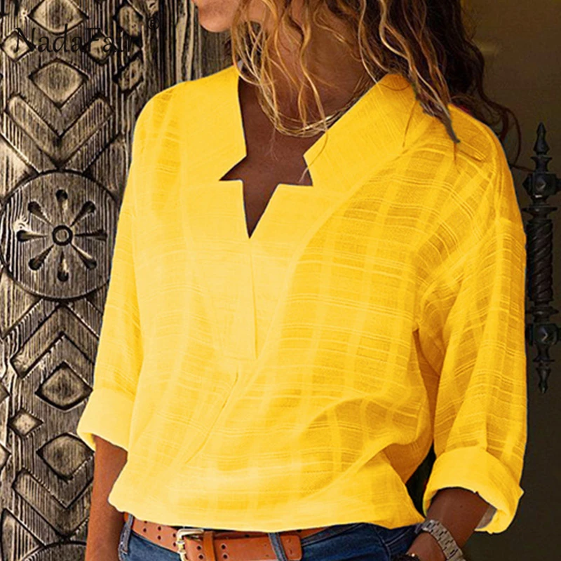 Achat Nadafair Coton Jaune Lâche Blouse Femmes À Manches Longues Automne Chemises Dames Streatwear Printemps Baggy Blouse Et Tops Pour Femme