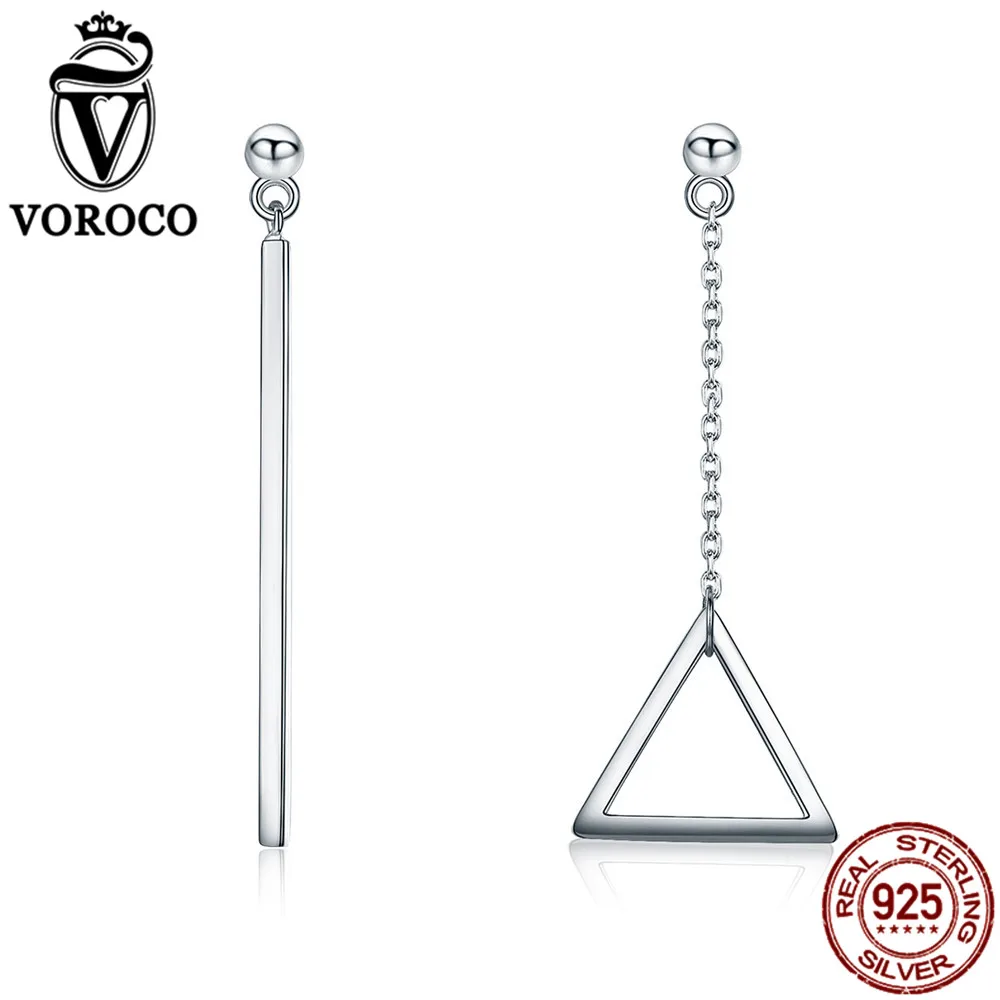 VOROCO Trendy 925 Sterling Silver Dangle Earring Geometry Asymmetry Triangle Drop Earrings for Women Fine Jewelry Brinco VSE054