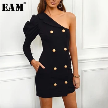 

[EAM] 2020 New Autumn Summer Asymmetrical Neck One-shoulder Long Puff Sleeve Button Personality Dress Women Fashion Tide 1C072