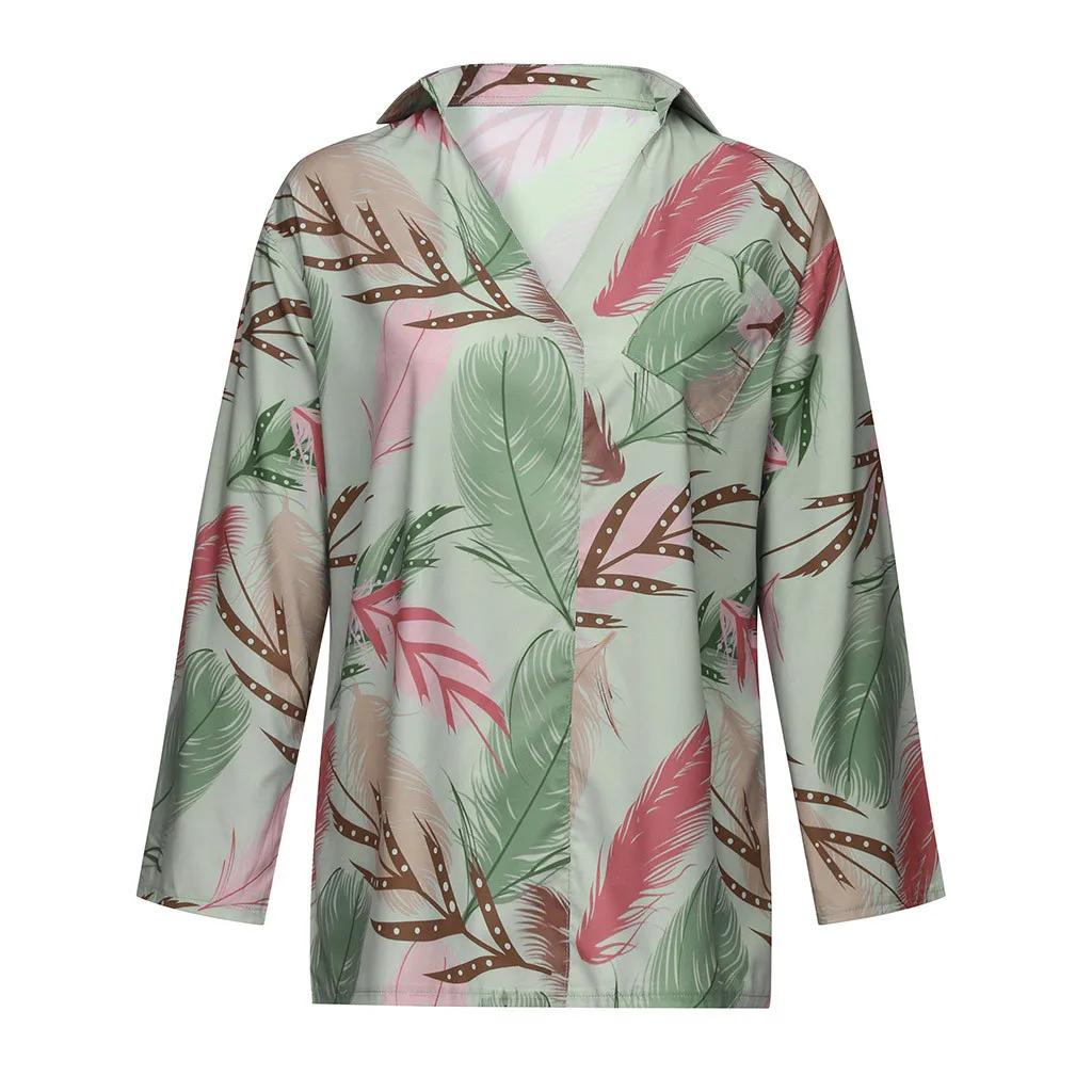 Feitong, блузка, женская, свободная, v-образный вырез, с принтом листьев, базовая, длинный рукав, льняная рубашка, топ, блузка, сорочка, Femme, блузка, женская, Camisas Mujer - Цвет: Green