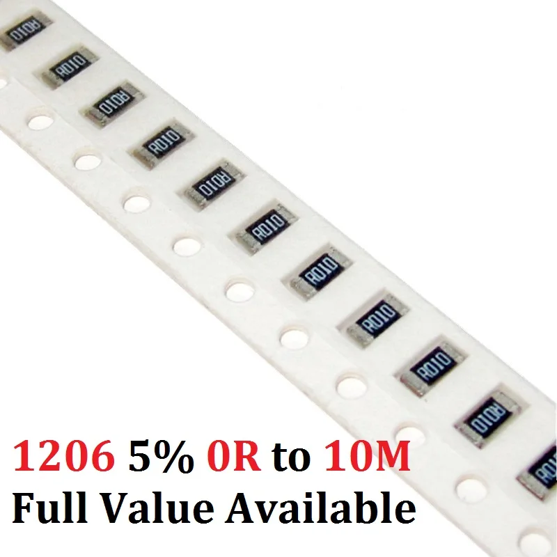 Комплект микросхем SMD 100 шт. резистор 1206 10K Ом 5% 0R ~ 10 м 1/2 Вт 10R 100R 220R 330R 470 1K 2 K 100K 1R