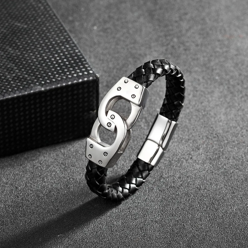 

MOGE Trendy Black Genuine Leather Bracelet Men Cool Stainless Steel Cuff Chain Leather Bracelets&Bangles For Male Bracelets