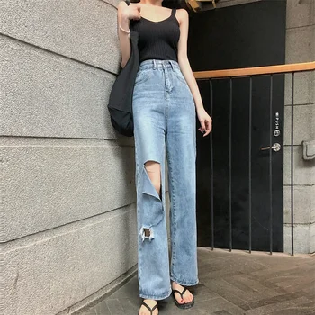 

Vintage Hole Ripped Boyfriend Jeans For Women High Waist Wide Leg Jeans Casual Washed Baggy Jeans Tall Woman Long Denim Pants