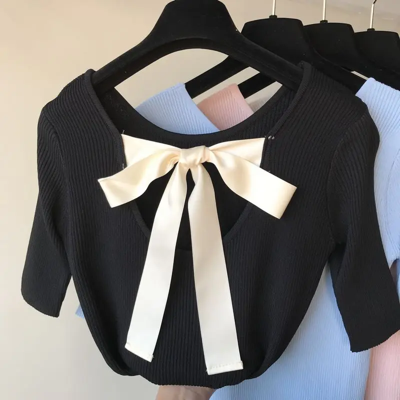 

Amolapha Women Bow Back Hollow Out Short Sleeves Knit Pullovers Sweaters Summer Thin Knitting Jmuper Tops