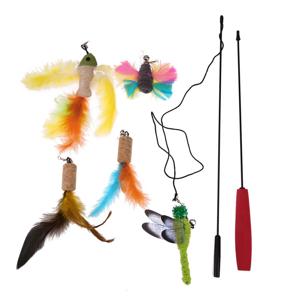 

Connective Cat Stick Toy Wire Chaser + 5pcs Replaceable Animal Feather Interactive Stick Toys Wire Chaser Wand Toy