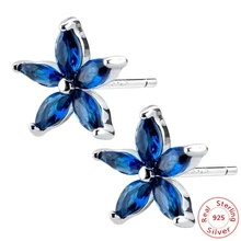 925 пробы серебряные женские ювелирные изделия, модные крошечные синие Асимметричные Цветочные квадратные серьги-гвоздики для дочерей девушек