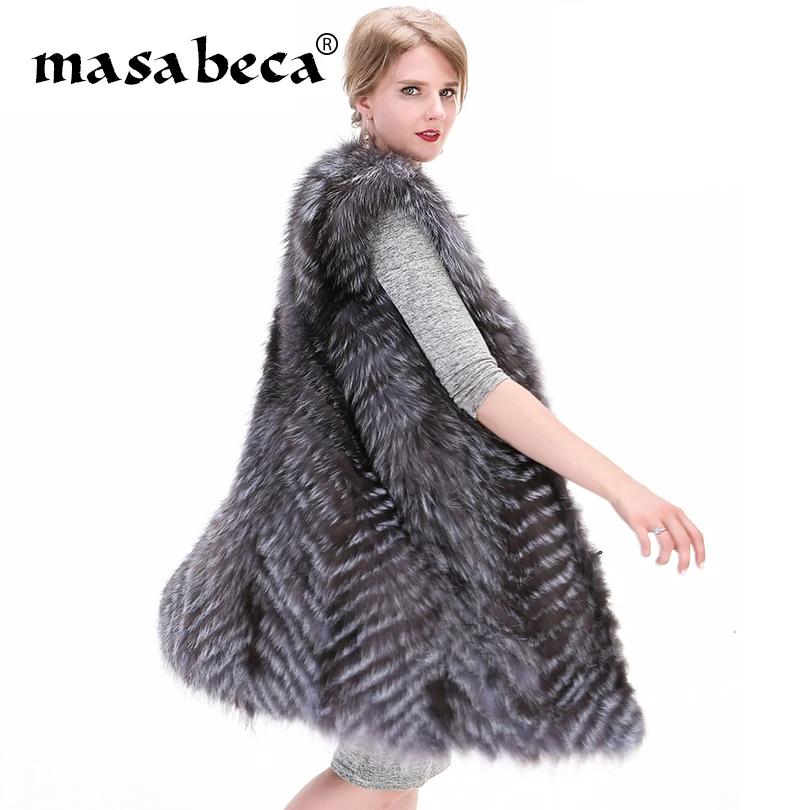 gestreifte langermellose 100Echtpelz Weste flauschige Fox Winterkleidung Frau Pl Jacke warme knwZNO0PX8