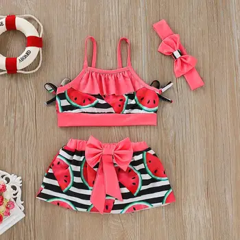 

2019 Toddler Baby Girl Swimwear Two Pieces Set Watermelon Print strap Swimsuit + bow skirt + hair Band Bikini Swimsuit A1