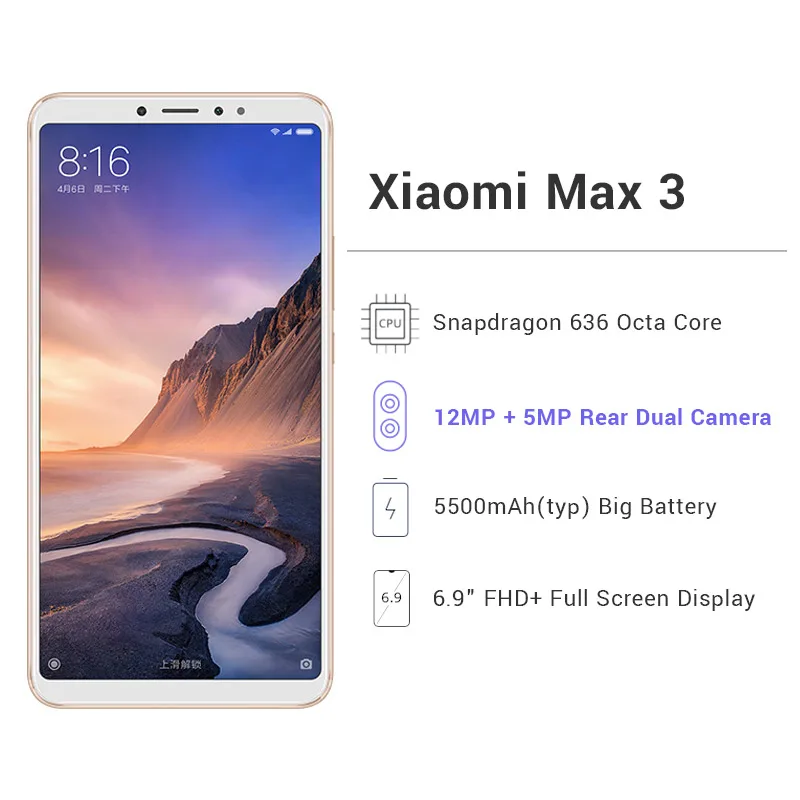 Мобильный телефон с глобальной ПЗУ Xiaomi Mi Max 3, 4 ГБ, 64 ГБ, Восьмиядерный процессор Snapdragon 636, 5500 мАч, экран 6,9 дюйма, 2160x1080, 12 Мп+ 5 МП, OTA