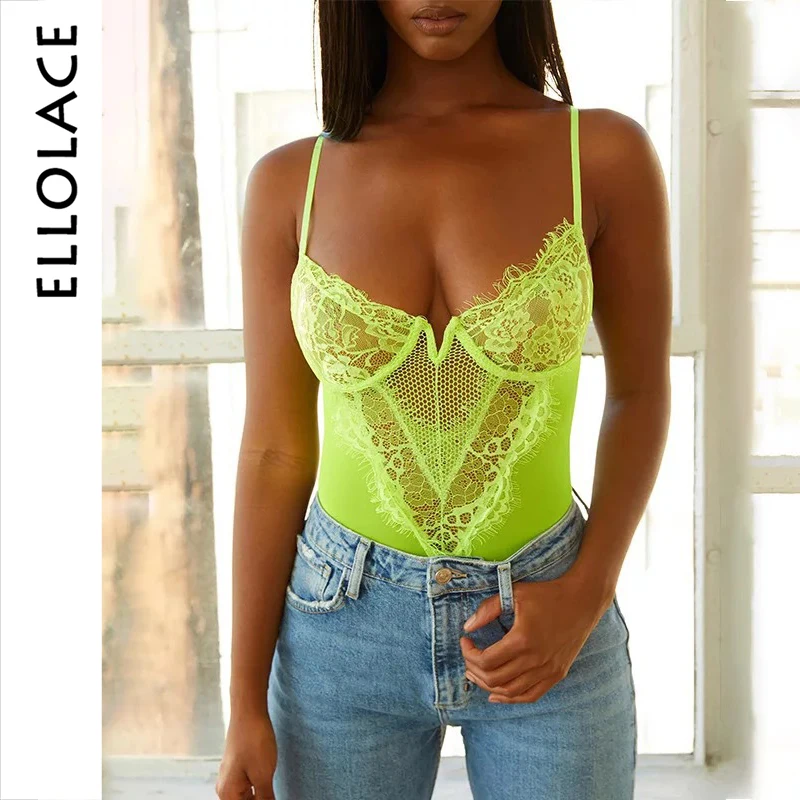 Ellolace النيون الدانتيل شبكة أنيقة ارتداءها النساء الإناث بذلة عارية الذراعين شفافة مثير bodycon تصرف الهيئة الصيف الأبيض داخلية