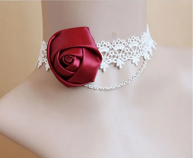 

Vintage White Lace Choker Necklace with Big Fabric Rose Gothic Style Adjustable(approx 12"-14") Party Gift