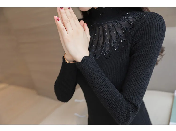 High Elastic Knitted Sweater Women 2019 Autumn Winter Lace Patchwork Long Sleeve Women Sweaters And Pullovers Female Pull Femme