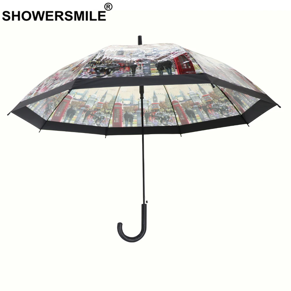 

SHOWERSMILE Transparent Umbrella Rain Women Long Handle Umbrellas British London Europe Ladies Hanging Brand Adult Parapluie