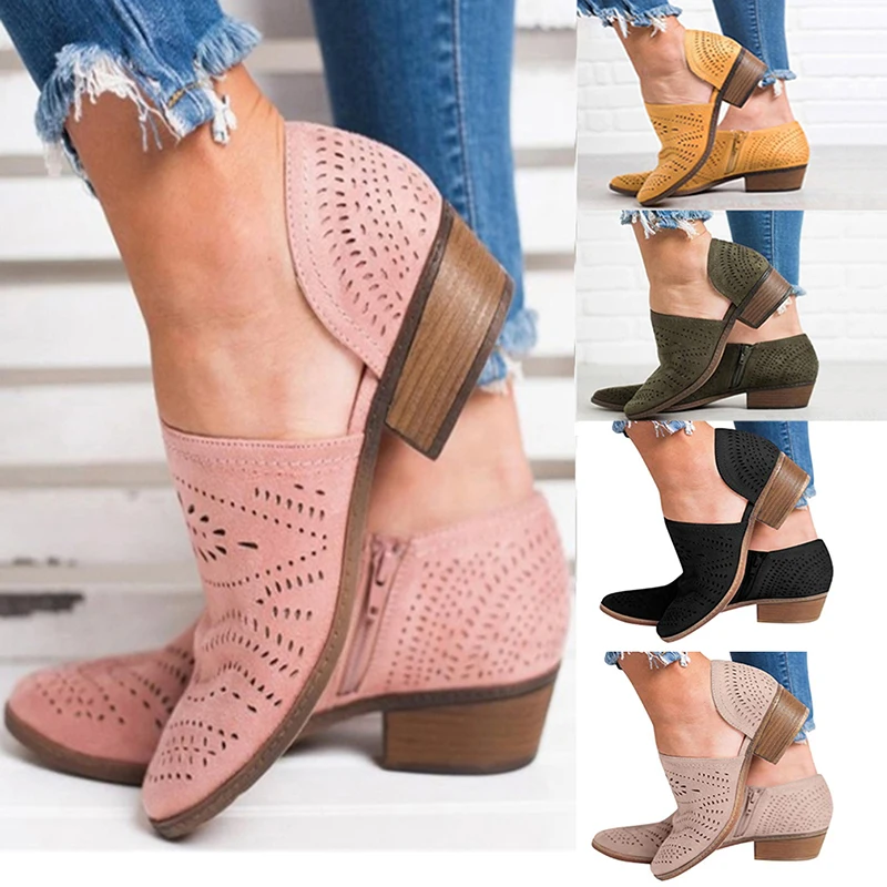 

Fretwork Shoes Women Spring Autumn Low Chunky Heel Pointed Toe Side Zip Pumps Short Ankle Sandals Hollow Out Retro Shoes