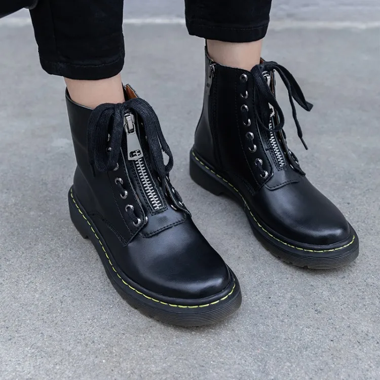 

PXELENA Designer Front Zip Motorcycle Biker Military Boots Women Real Cow Leather Lace Up Low Heel Ankle Martin Boots Army Shoes