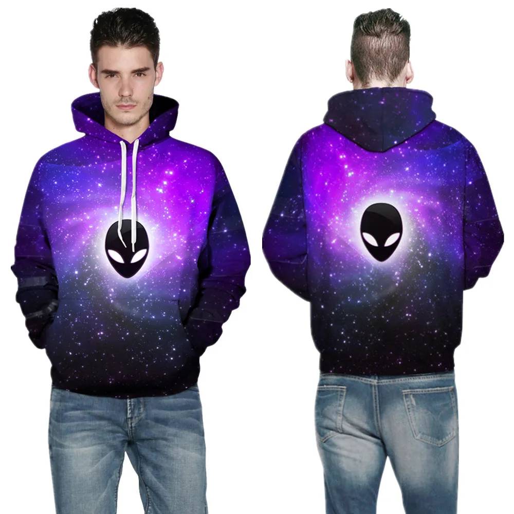 Black Alien Face Hoody Punk Hoodies Purple Starry Sky Skateboarding