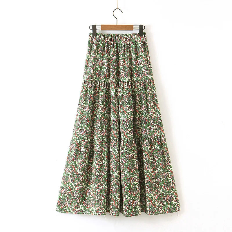 

Women bohomian floral print pleated skirt faldas mujer elastic waist Cascading ruffle female casual ankle length skirts