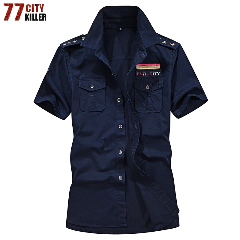

77City Killer Summer Men Shirt Cotton Military Tactical Shirts Men Casual Short Sleeve Social Chemise Homme Camisa Masculina