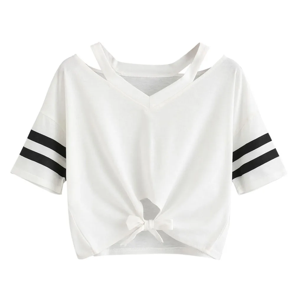 

Women Summer Short Tank Top 2019 Fashion Short Sleeve V Neck Casual Hollow Out Top Vest Top Knotted Front Korean Ulzzang Tops
