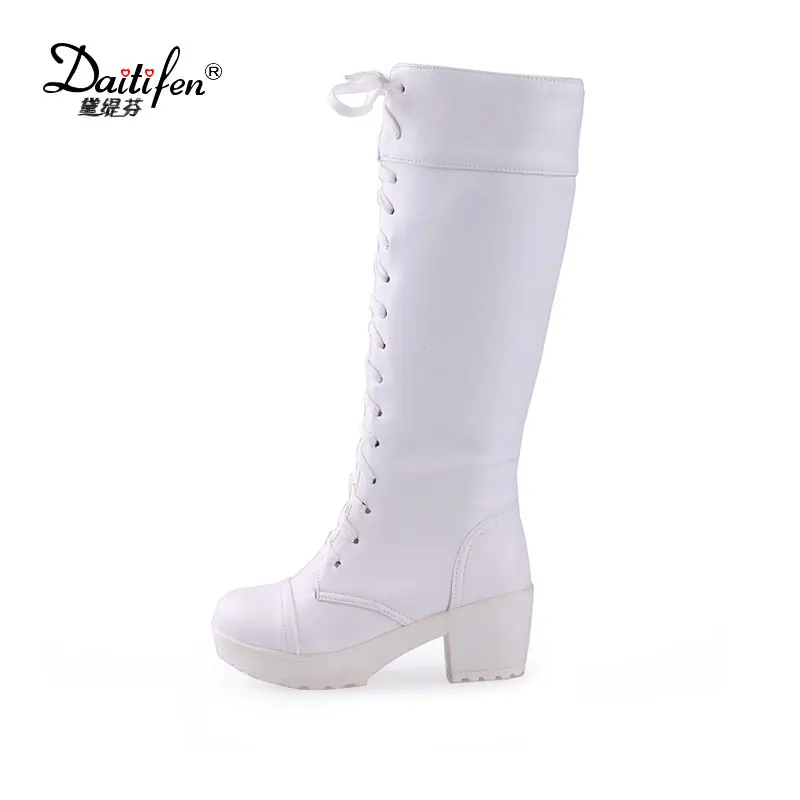 

Fanyuan Spring White Black Platform Boot shoes women high heel Knee High Boots fashion Lace-up ladies Office/Party Knight Heels