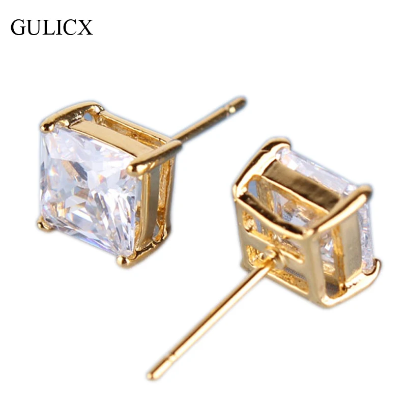 

GULICX Fashion Yellow Gold-color Small Earing CZ Zircon Princess White Crystal Zircon Stud Earring for Women Jewelry E013