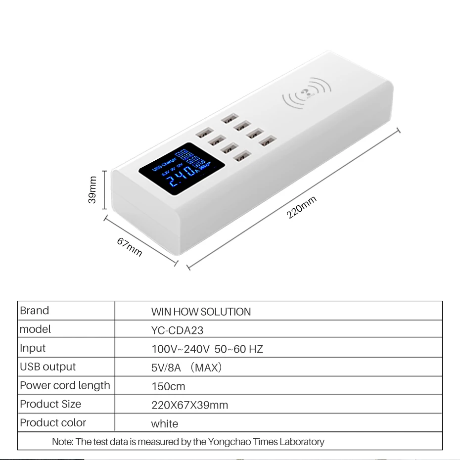 Беспроводное зарядное устройство Qi, умное USB быстрое зарядное устройство, несколько портов, светодиодный дисплей, зарядка, концентратор, розетка, адаптер для Xiaomi, samsung, huawei