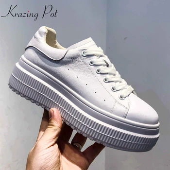 

Krazing Pot new cow leather flat platform Autumn superstar round toe causal comfortable white color shoes vulcanized shoes L33