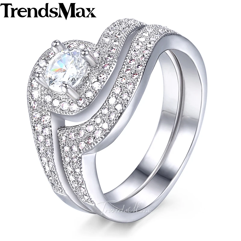 Trendsmax Paved Cubic Zirconia CZ Wedding Band Ring Set For Women White Gold Filled Fashion Jewelry KGR46