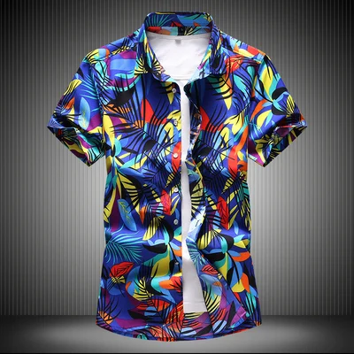 7XL мужская гавайская рубашка повседневные рубашки бренд цветочный принт дизайн лето хлопок короткий рукав мужские топы 8012 - Цвет: Синий