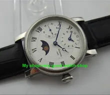 2016 new fashion 42mm PARNIS white dial Mechanical Hand Wind movement moon phase GMT men’s watch 72