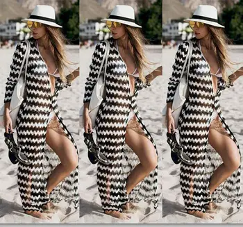 

Women Ladies Summer Fashion Beach Party Boho Maxi Chiffon Women Cover Ups Swimwear See-through V-Neck Long Sleeve