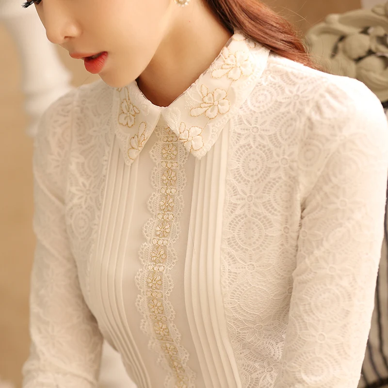  2019 new pearl lace women blouse and shirts white solid slim sexy office lady elegant bottoming shi