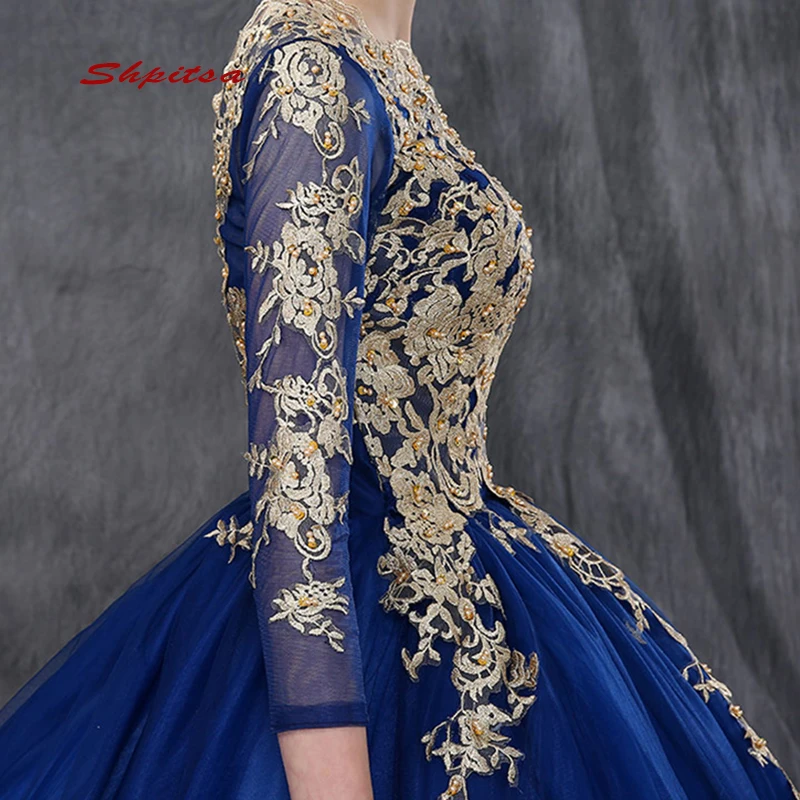 Бальное платье с длинным рукавом, темно-синее 15 милое 16 Пышное Бальное платье, платья для выпускного вечера для 15 лет