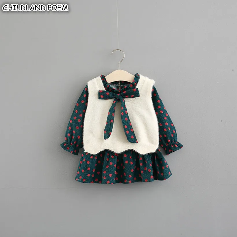 Baby Girls Clothes Autumn Baby Girl Dress Winter vestido infantil Dress +Knitted Vest 2Pcs Cotton Toddler Kids Dress For Girl