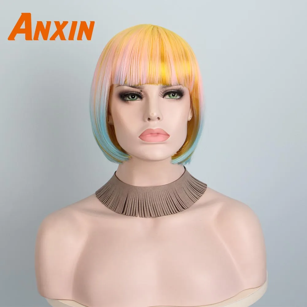 Sintética para Meninas Resistente ao Calor Anxin Doce Ombre Curto Rosa Bob Peruca Cor Festa Anime Cosplay 4 Cheap Peruca sintética