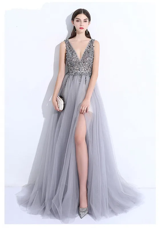 Beaded-Pearls-Pageant-Gown-Sexy-V-Neck-Front-Slit-Gray-Tulle-Long-Formal-Evening-Dresses-robe (1)