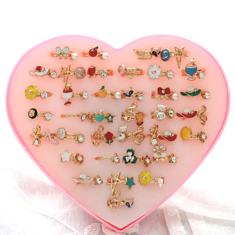 

36 pairs of ring children Gold Tone Assorted Design Crystal Ring Cute Kid Child Party Small Size Adjustable Jewelry Wholesale Lo