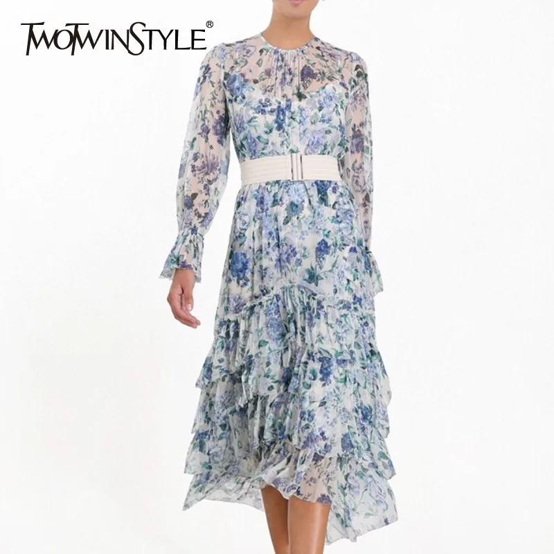 

TWOTWINSTYLE Elegant Print Women Dress O Neck Flare Sleeve High Waist Ruffles Asymmetrical Dresses Female Summer 2019 New