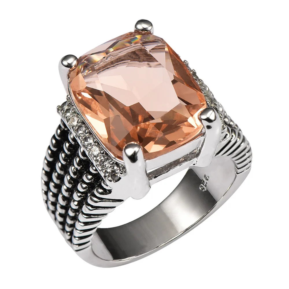 Prix Énorme Morganite Avec Multi Blanc Cristal Zircon 925 Bague En Argent Sterling pour Femmes et Hommes Taille 6 7 8 9 10 11 F1512