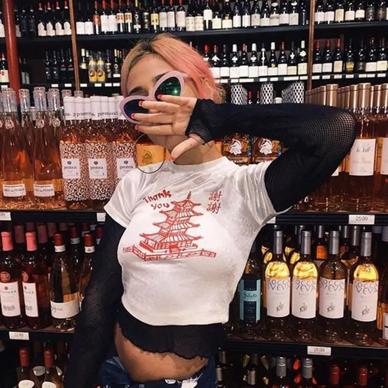 

2019 Summer Women Velvet Crop Top Sexy Harajuku Punk Rock Tumblr Omighty Chinese Cropped T-Shirt Ladies Casual Velour Tops Tees