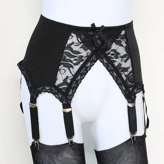 6 Strap Luxury Suspender Belt Black (Garter Belt) ,Lace Panel garter