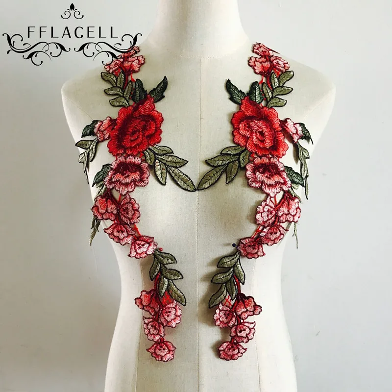 

FFLACELL 1 pair Embroidery Patches For Clothing Red Flowers Sew On Patches Motif Applique DIY Accessory Clothes Stickers