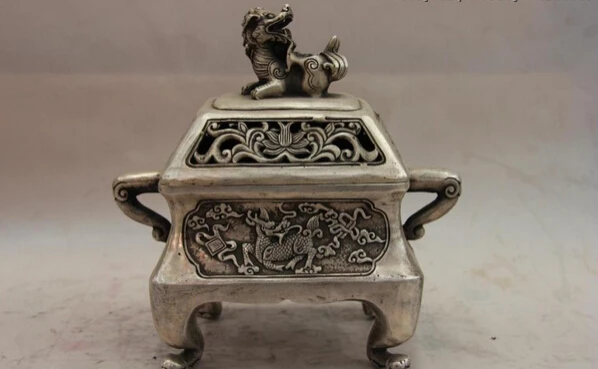 

Elegant old S1602 China White Copper Silver kylin unicorn Foo Dog Lion Incense Burner Censer A0403